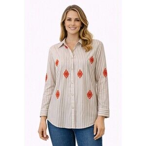 Chico’s Women’s Striped Button Front Blouse Size 2 L Beige White Red Embroidered